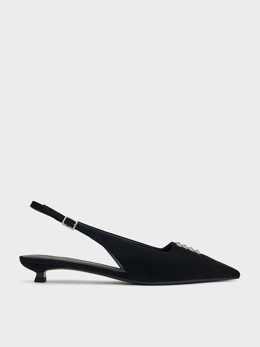 Faux Suede Crystal Slingback Pumps - Black Textured | CHARLES & KEITH