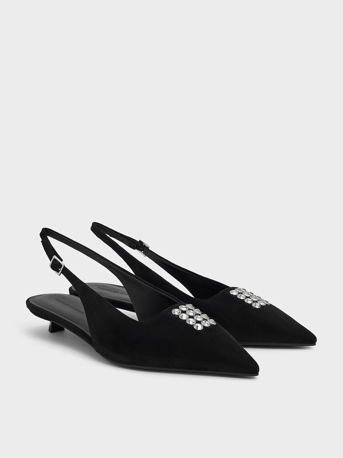 Faux Suede Crystal Slingback Pumps - Black Textured | CHARLES & KEITH