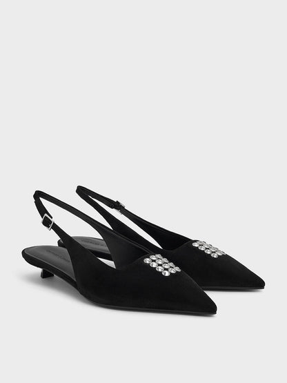 Faux Suede Crystal Slingback Pumps - Black Textured | CHARLES & KEITH