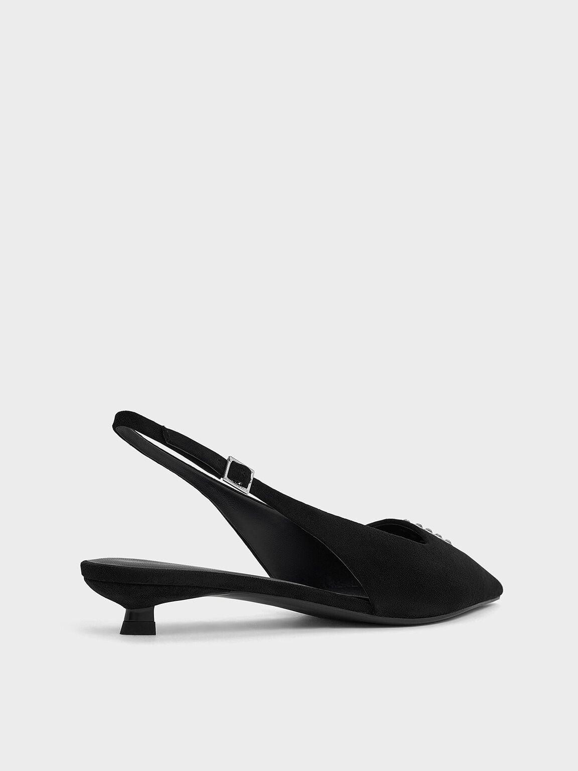 Faux Suede Crystal Slingback Pumps - Black Textured | CHARLES & KEITH