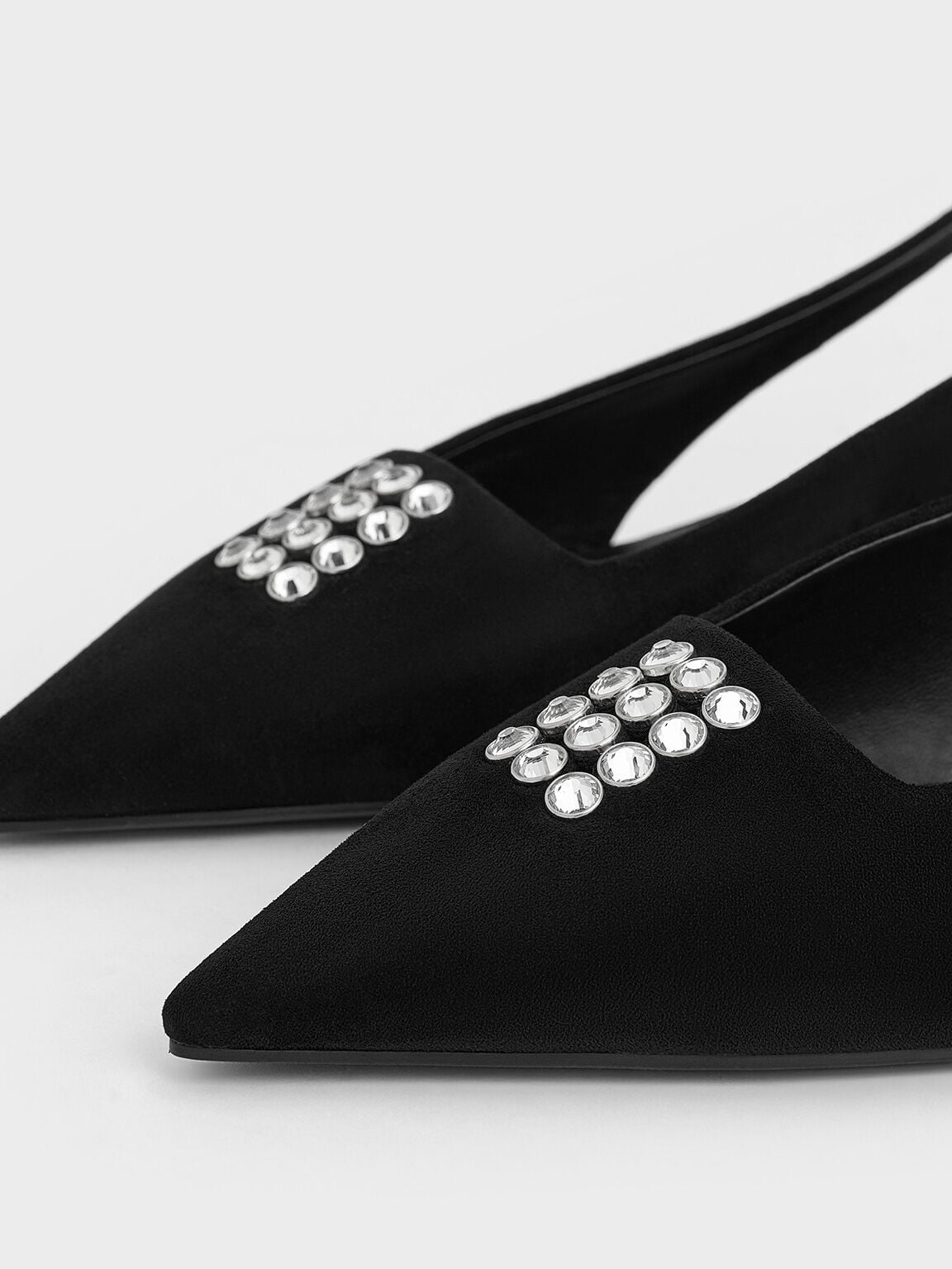 Faux Suede Crystal Slingback Pumps - Black Textured | CHARLES & KEITH