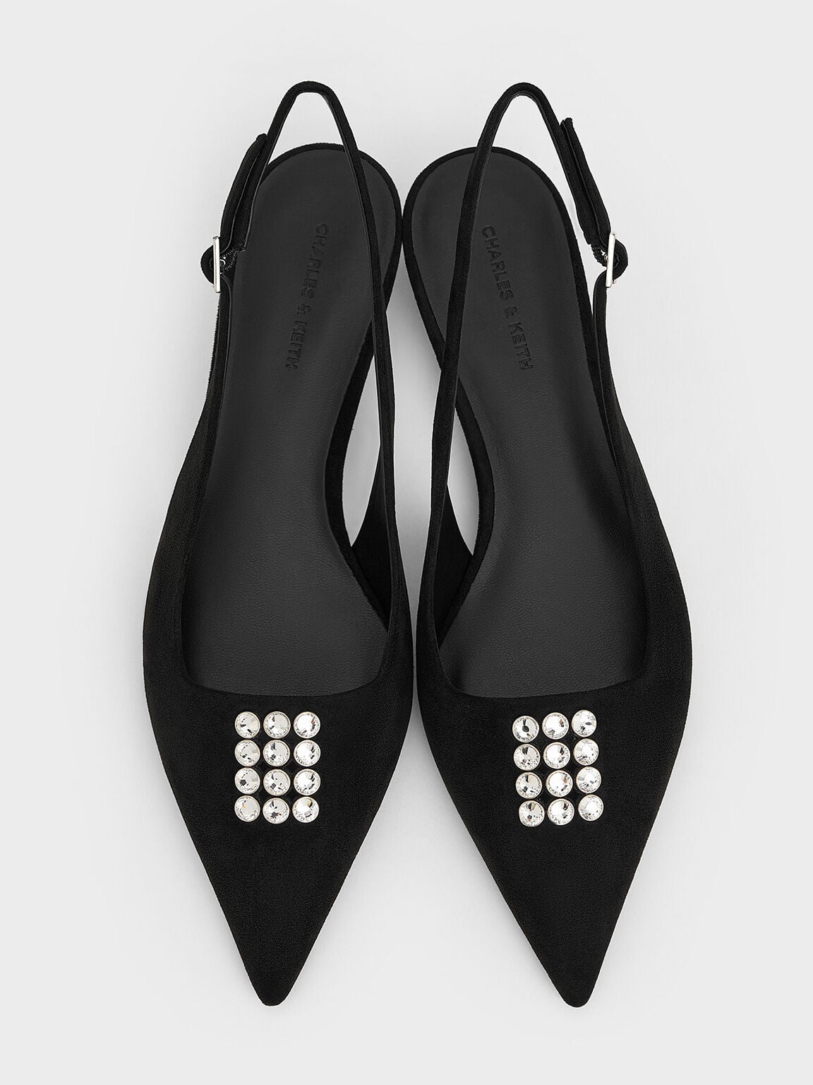 Faux Suede Crystal Slingback Pumps - Black Textured | CHARLES & KEITH