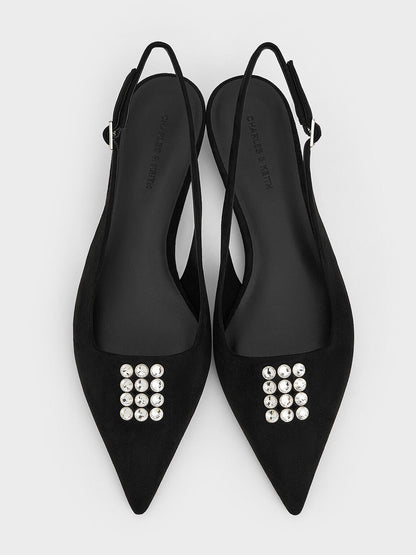 Faux Suede Crystal Slingback Pumps - Black Textured | CHARLES & KEITH