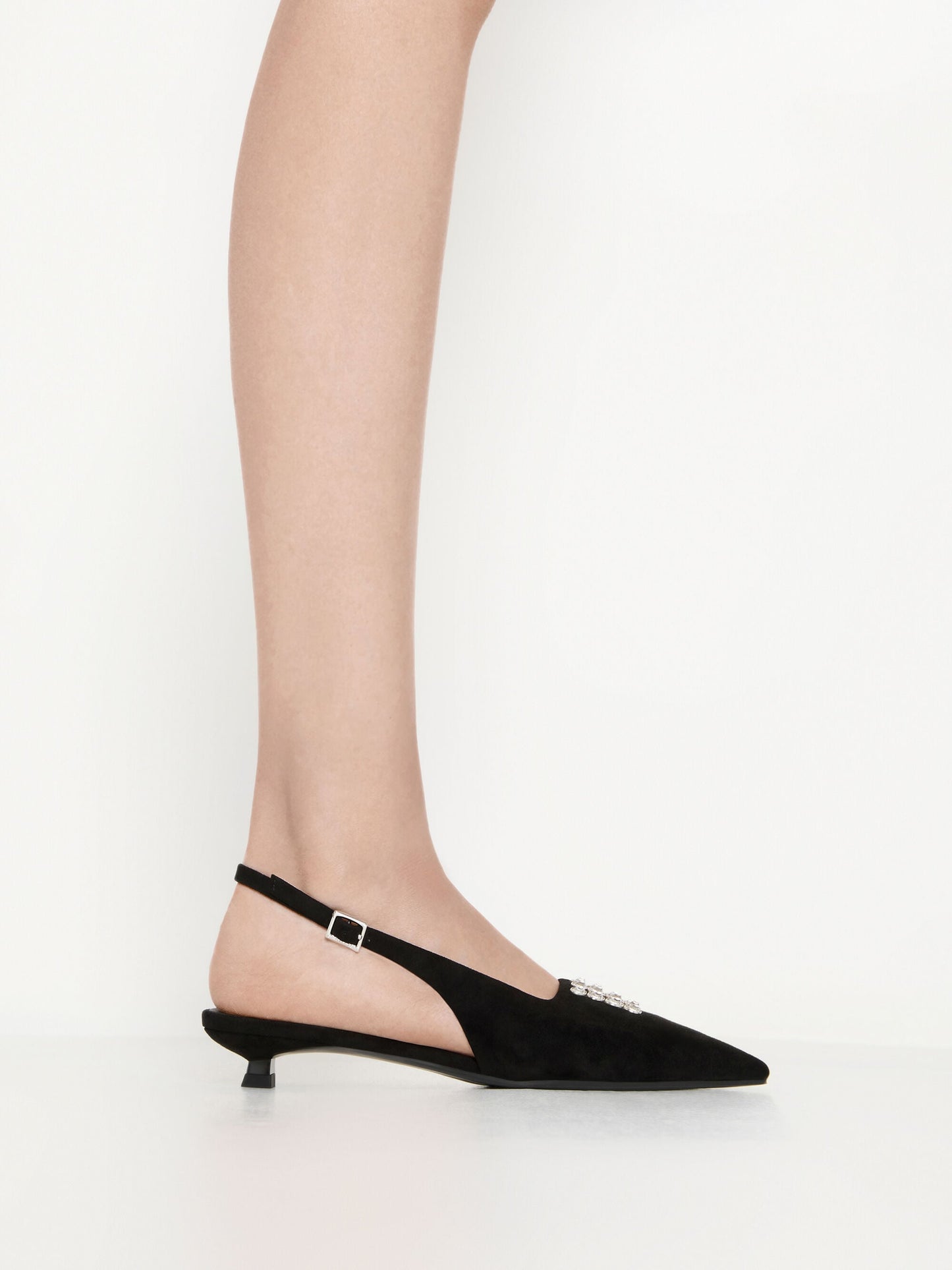 Faux Suede Crystal Slingback Pumps - Black Textured | CHARLES & KEITH