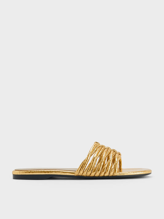 Metallic Woven Slide Sandals - Gold | CHARLES & KEITH
