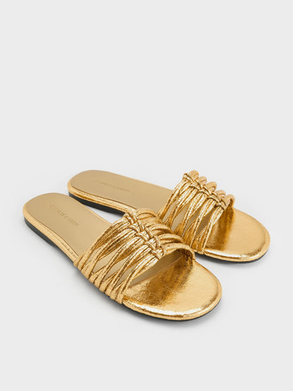 Metallic Woven Slide Sandals - Gold | CHARLES & KEITH
