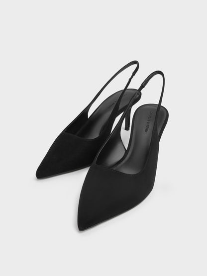Kaia Faux Suede Pointed Slingback Pumps - Black Textured | CHARLES & KEITH