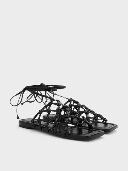 Woven Tie-Around Net Sandals - Black | CHARLES & KEITH