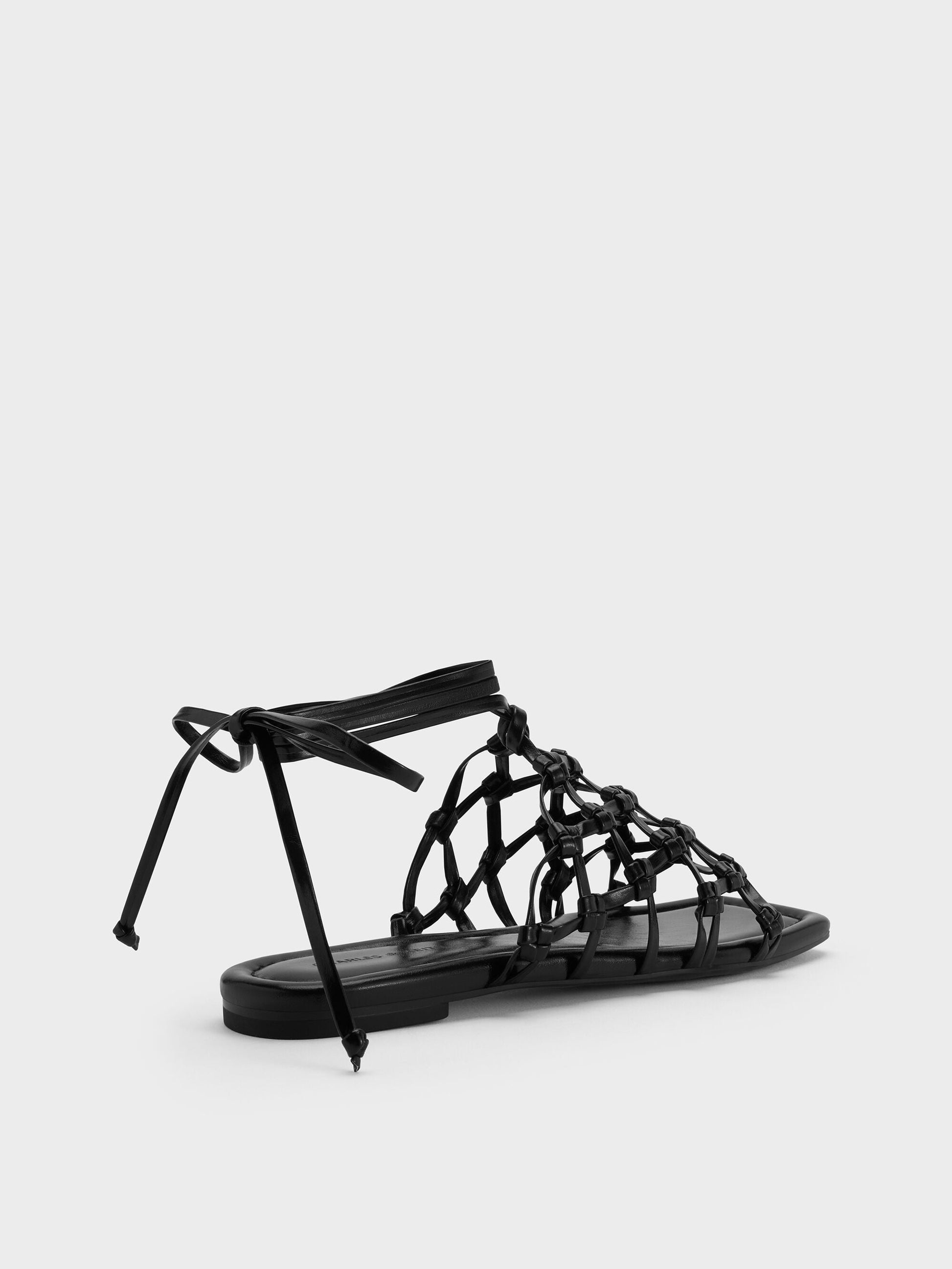 Woven Tie-Around Net Sandals - Black | CHARLES & KEITH