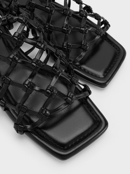 Woven Tie-Around Net Sandals - Black | CHARLES & KEITH