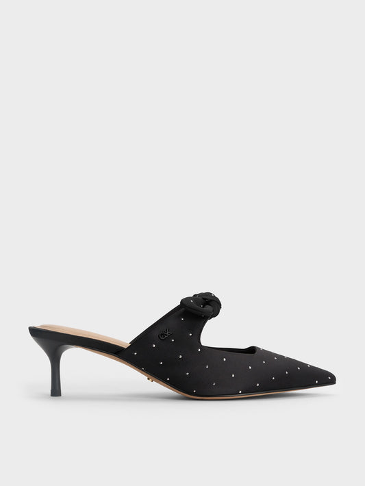 Jayce Dotted Knot-Bow Kitten-Heel Mules - Black Textured | CHARLES & KEITH
