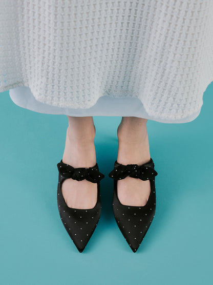Jayce Dotted Knot-Bow Kitten-Heel Mules - Black Textured | CHARLES & KEITH