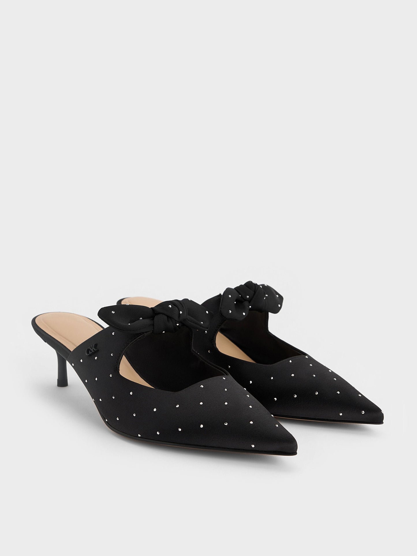 Jayce Dotted Knot-Bow Kitten-Heel Mules - Black Textured | CHARLES & KEITH