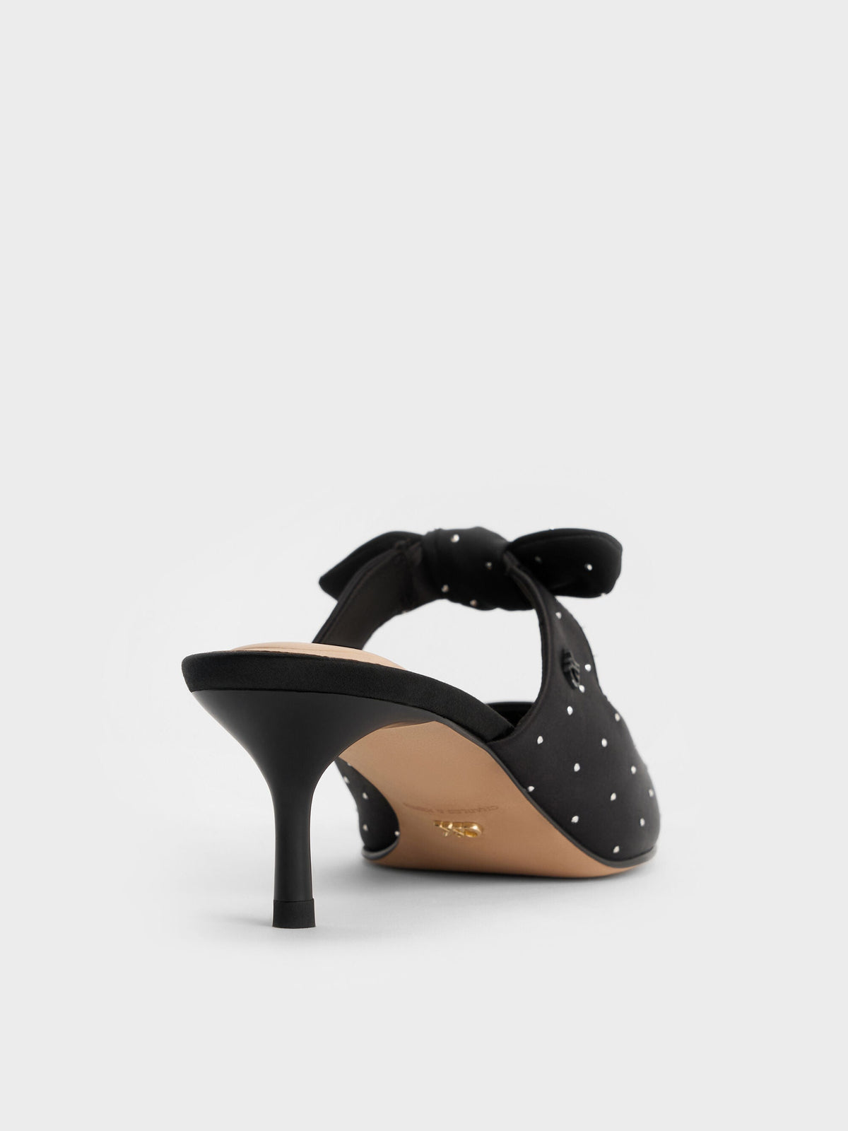 Jayce Dotted Knot-Bow Kitten-Heel Mules - Black Textured | CHARLES & KEITH