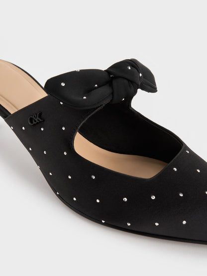 Jayce Dotted Knot-Bow Kitten-Heel Mules - Black Textured | CHARLES & KEITH