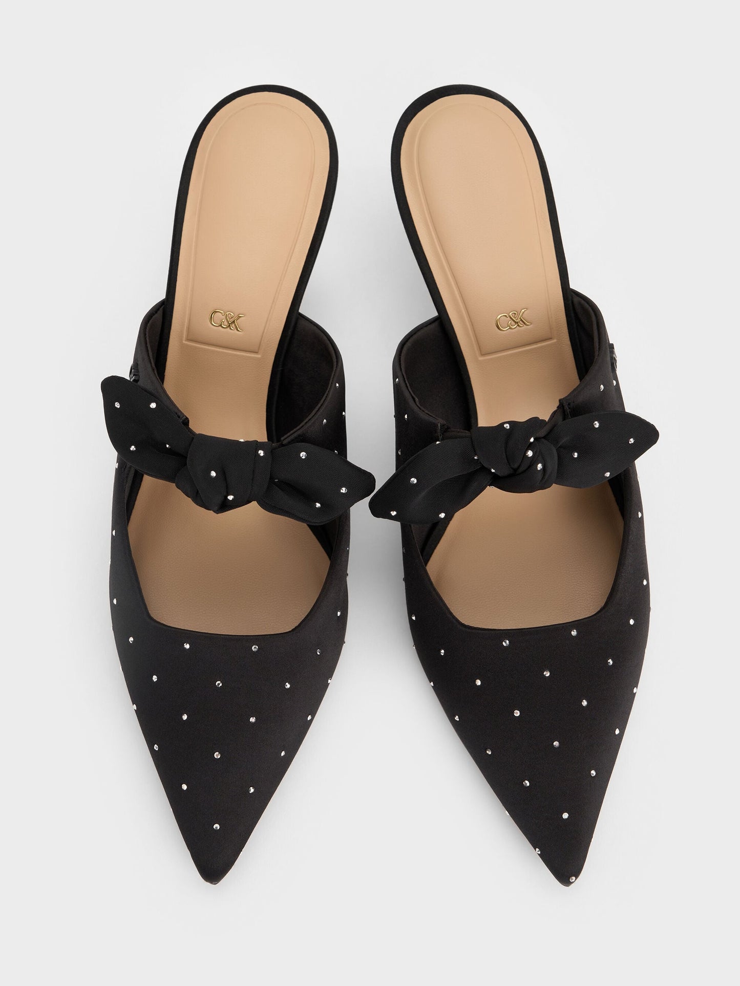 Jayce Dotted Knot-Bow Kitten-Heel Mules - Black Textured | CHARLES & KEITH