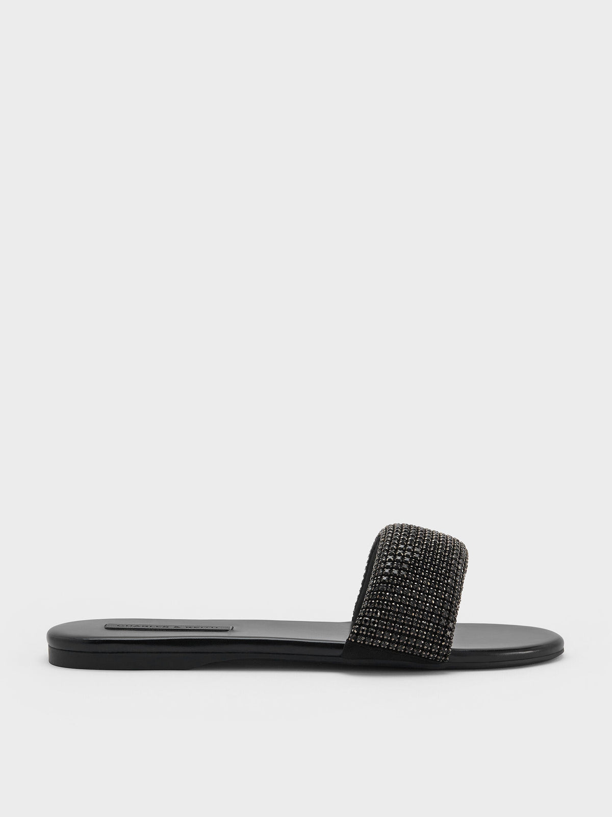 Faux Suede Crystal Slide Sandals - Black Textured | CHARLES & KEITH