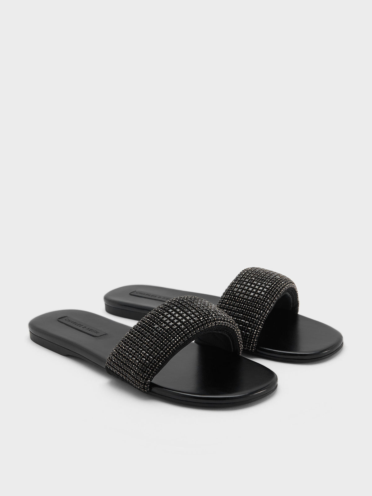 Faux Suede Crystal Slide Sandals - Black Textured | CHARLES & KEITH