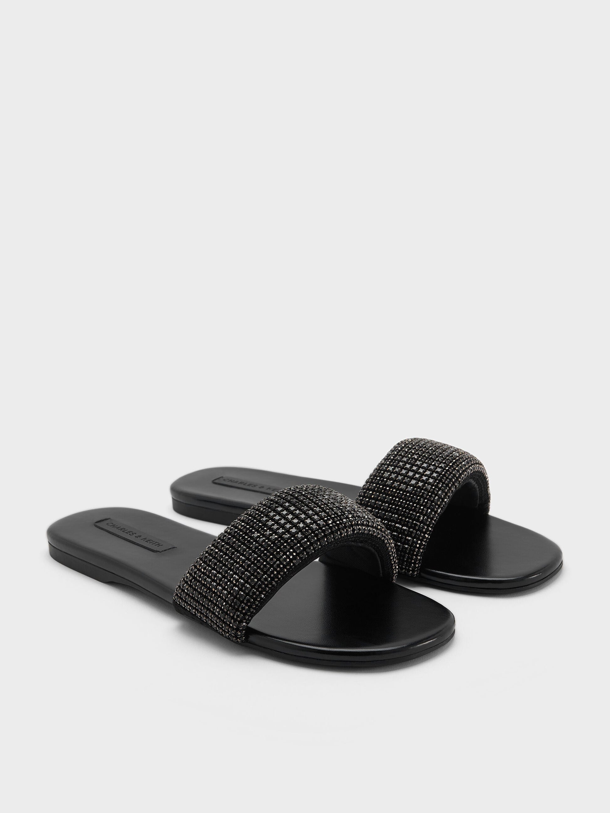 Faux Suede Crystal Slide Sandals - Black Textured | CHARLES & KEITH