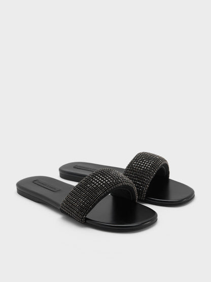 Faux Suede Crystal Slide Sandals - Black Textured | CHARLES & KEITH