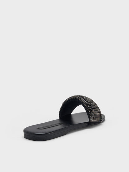 Faux Suede Crystal Slide Sandals - Black Textured | CHARLES & KEITH