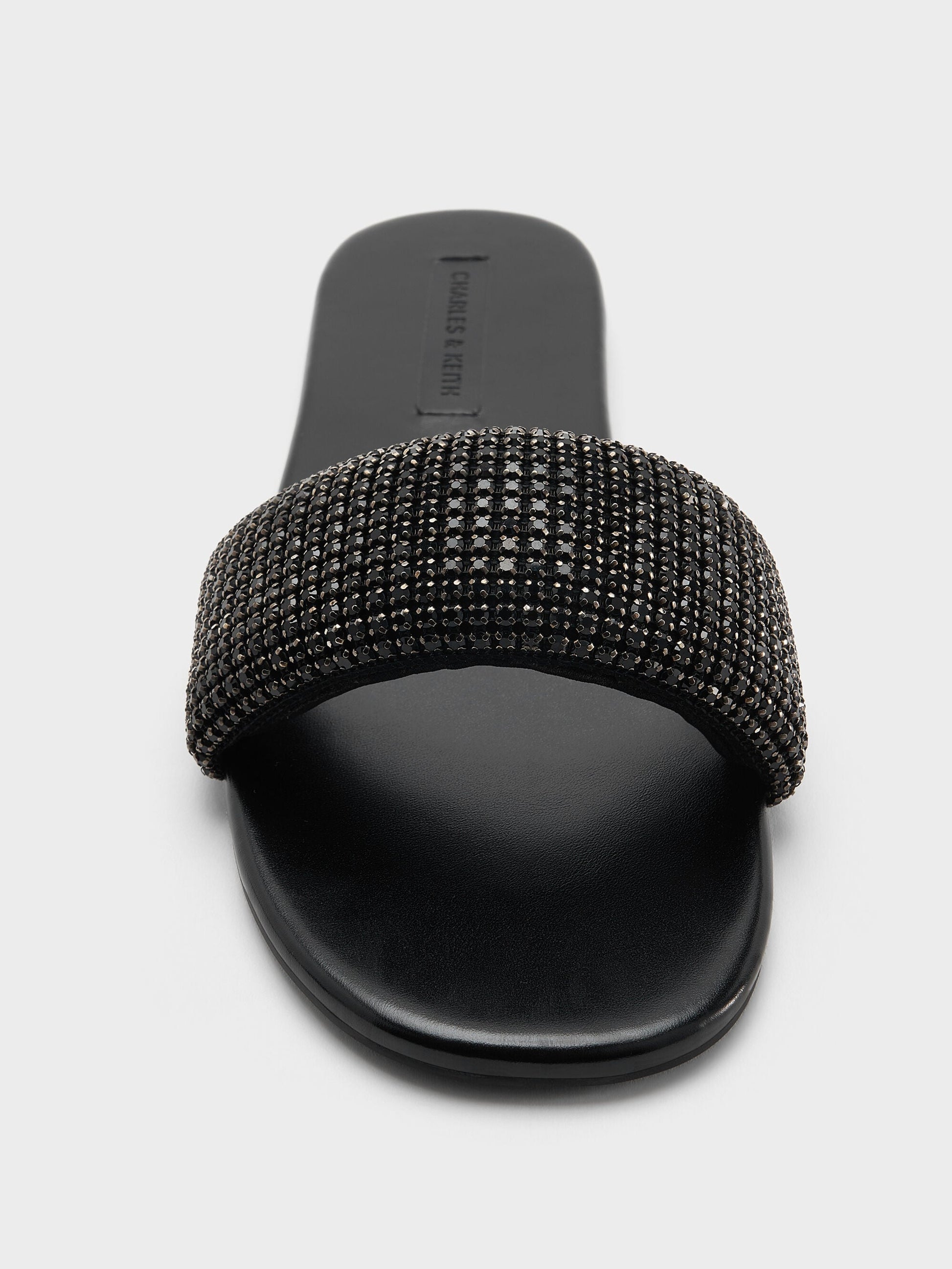 Faux Suede Crystal Slide Sandals - Black Textured | CHARLES & KEITH