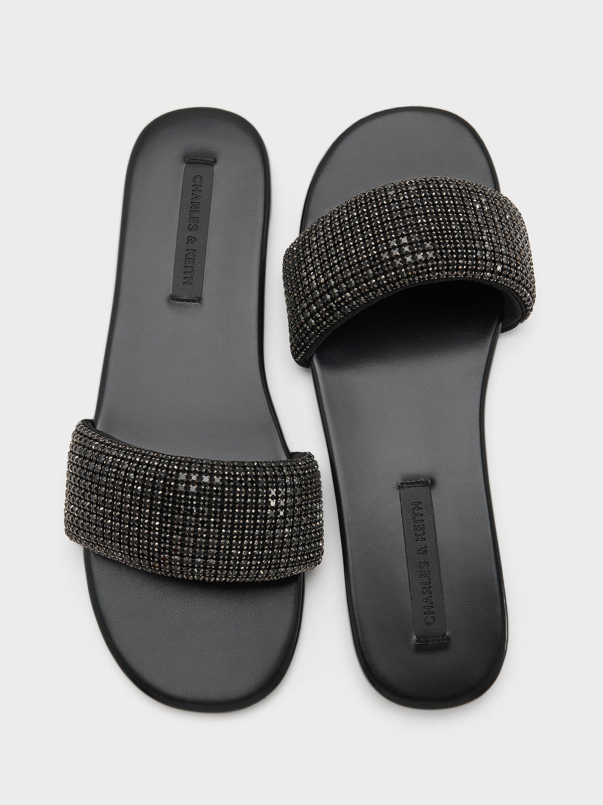 Faux Suede Crystal Slide Sandals - Black Textured | CHARLES & KEITH