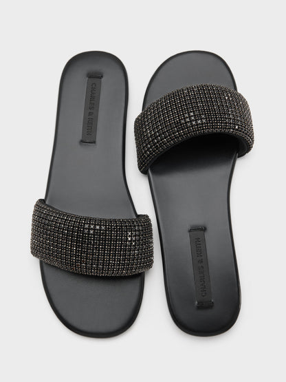 Faux Suede Crystal Slide Sandals - Black Textured | CHARLES & KEITH