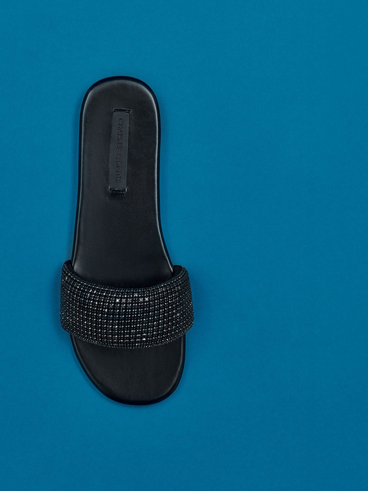 Faux Suede Crystal Slide Sandals - Black Textured | CHARLES & KEITH