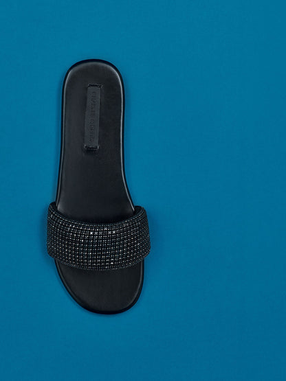 Faux Suede Crystal Slide Sandals - Black Textured | CHARLES & KEITH