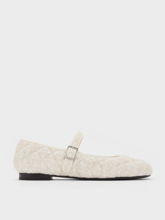 Carmel Tweed Quilted Mary Jane Flats - White | CHARLES & KEITH
