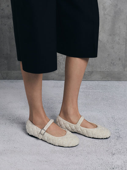 Carmel Tweed Quilted Mary Jane Flats - White | CHARLES & KEITH