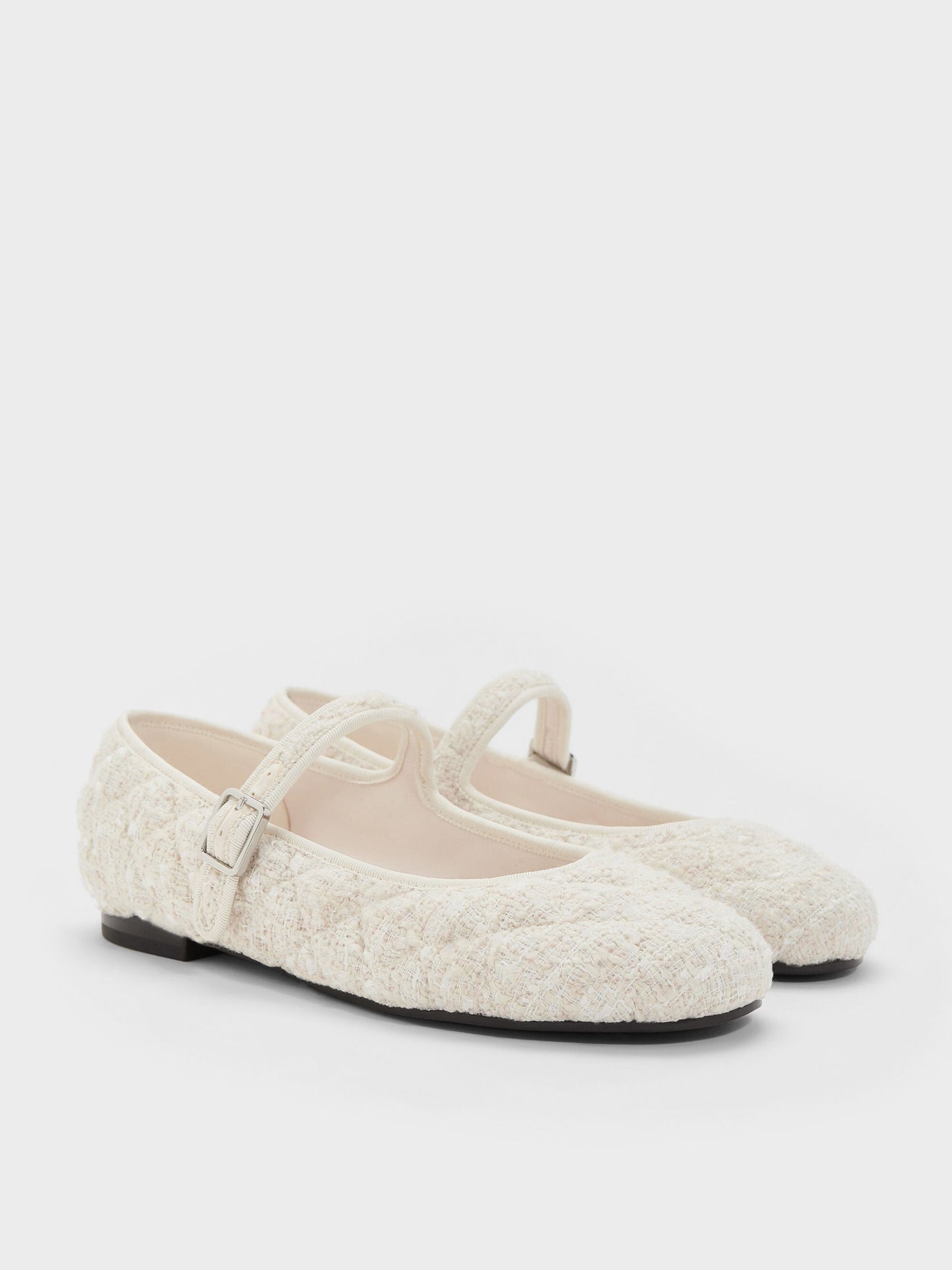 Carmel Tweed Quilted Mary Jane Flats - White | CHARLES & KEITH
