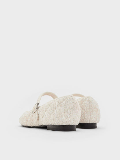 Carmel Tweed Quilted Mary Jane Flats - White | CHARLES & KEITH