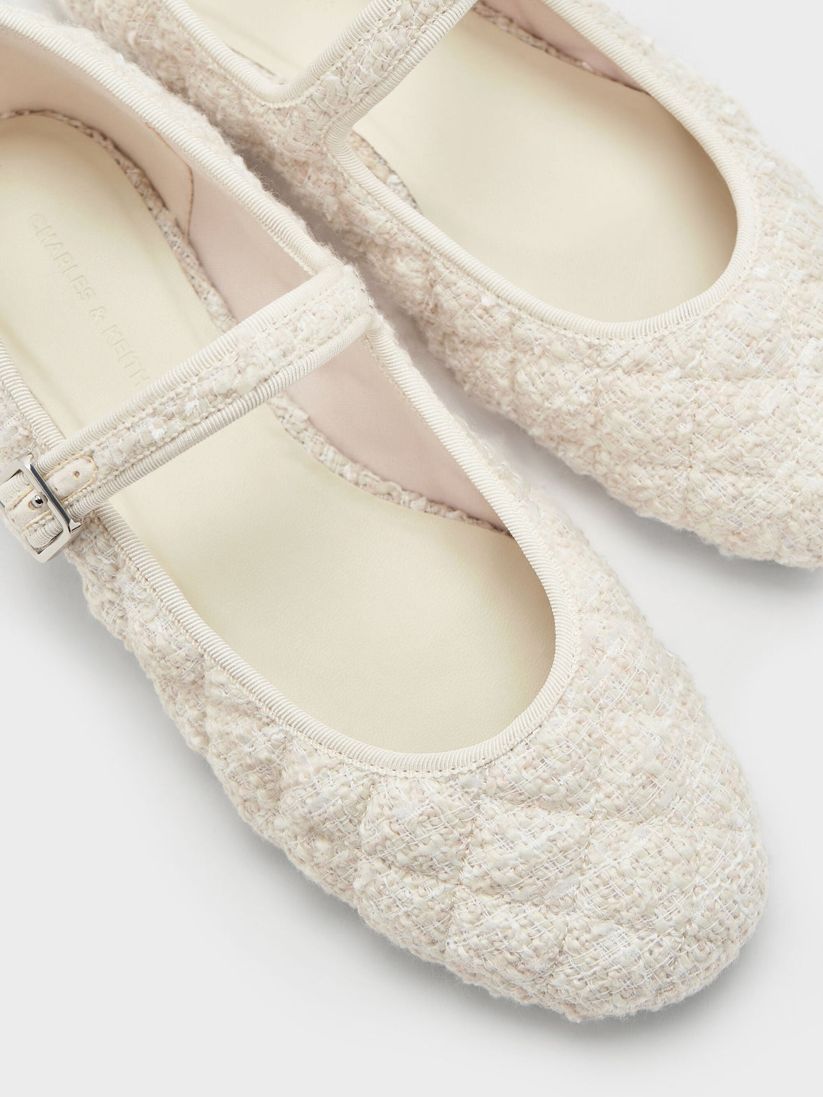 Carmel Tweed Quilted Mary Jane Flats - White | CHARLES & KEITH