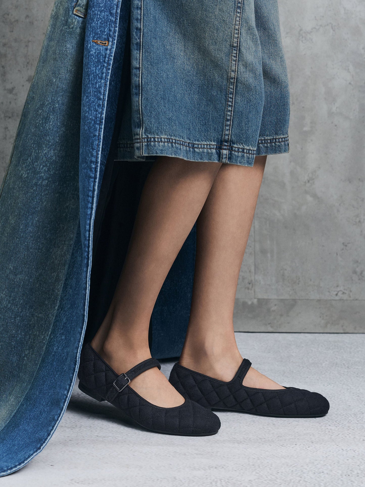 Carmel Felt Quilted Mary Jane Flats - Dark Blue | CHARLES & KEITH