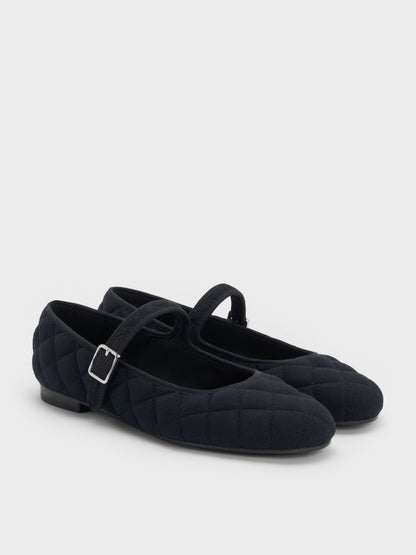 Carmel Felt Quilted Mary Jane Flats - Dark Blue | CHARLES & KEITH