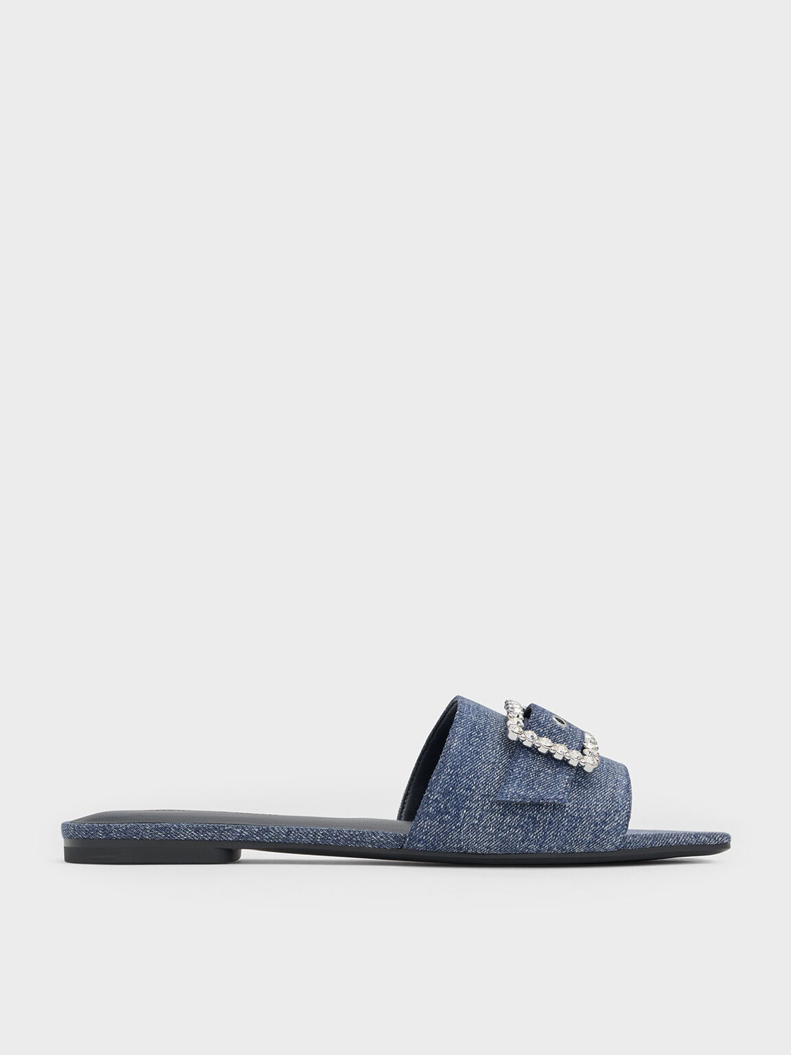 Denim Gem-Buckle Square-Toe Slide Sandals - Denim Blue | CHARLES & KEITH