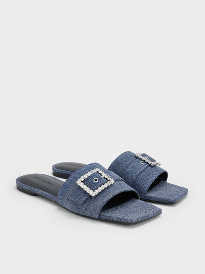 Denim Gem-Buckle Square-Toe Slide Sandals - Denim Blue | CHARLES & KEITH