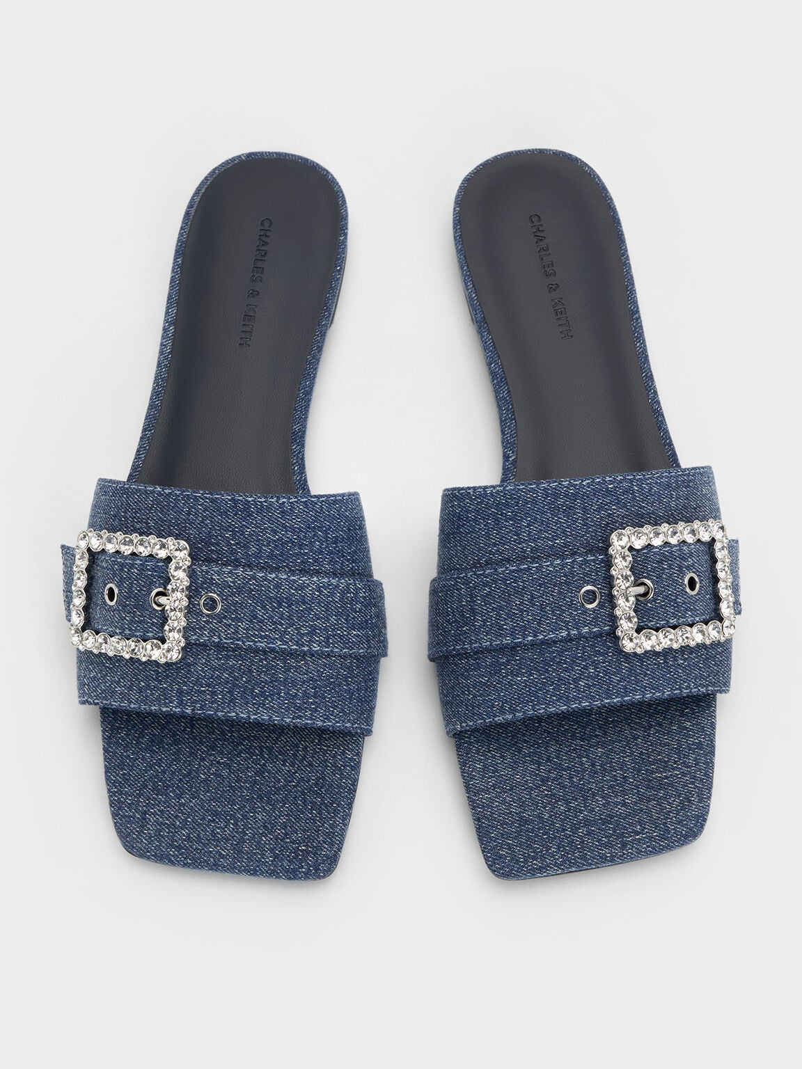 Denim Gem-Buckle Square-Toe Slide Sandals - Denim Blue | CHARLES & KEITH