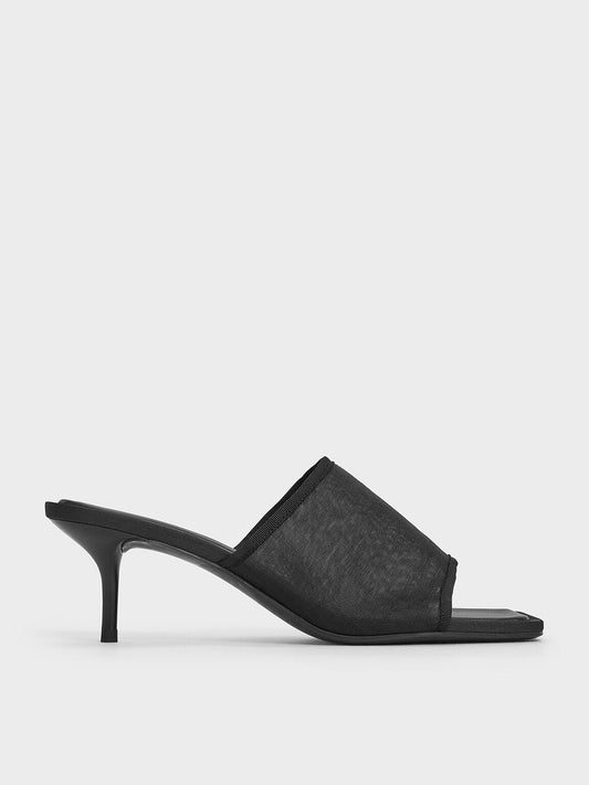 Loren Mesh Kitten-Heel Mules - Black Textured | CHARLES & KEITH