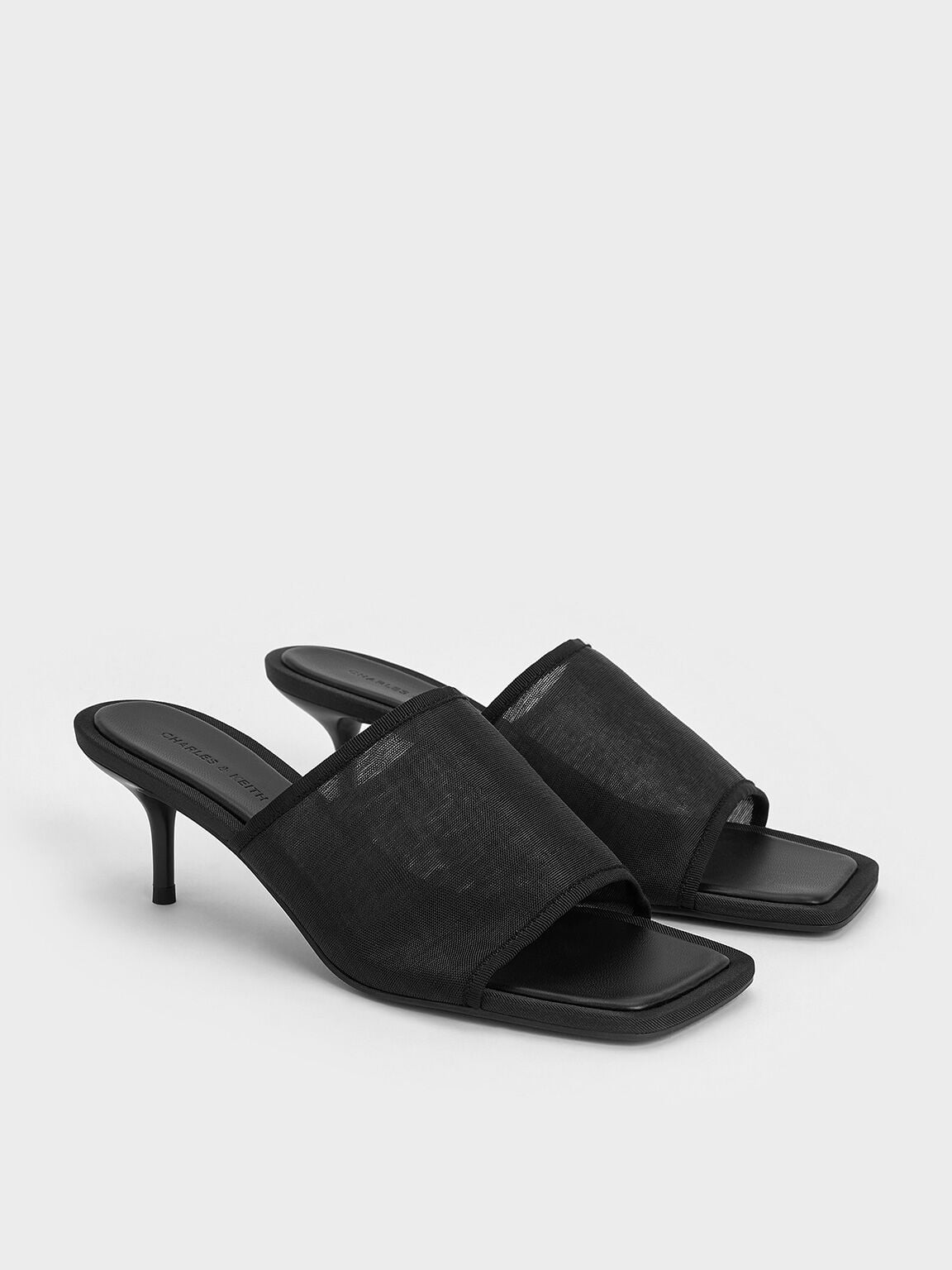 Loren Mesh Kitten-Heel Mules - Black Textured | CHARLES & KEITH