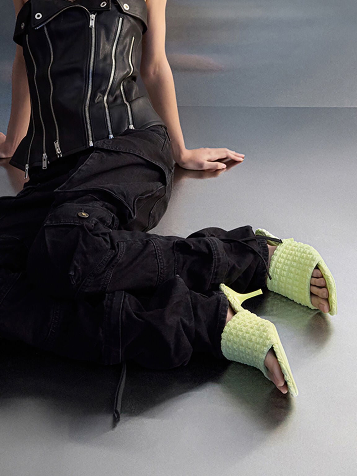 Loren Textured Kitten-Heel Mules - Light Green | CHARLES & KEITH