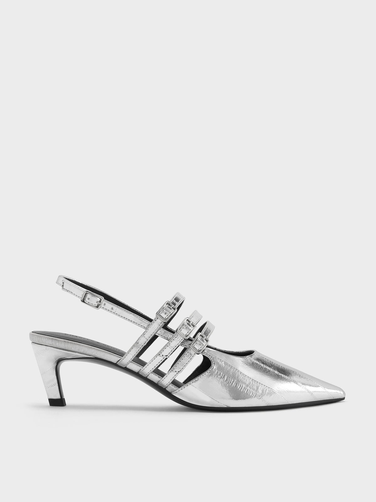 Metallic Triple-Strap Slingback Kitten Heels - Silver | CHARLES & KEITH
