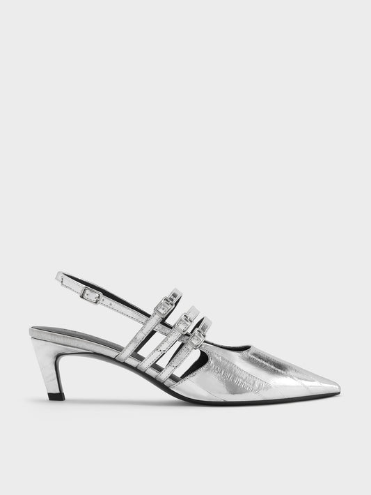 Metallic Triple-Strap Slingback Kitten Heels - Silver | CHARLES & KEITH