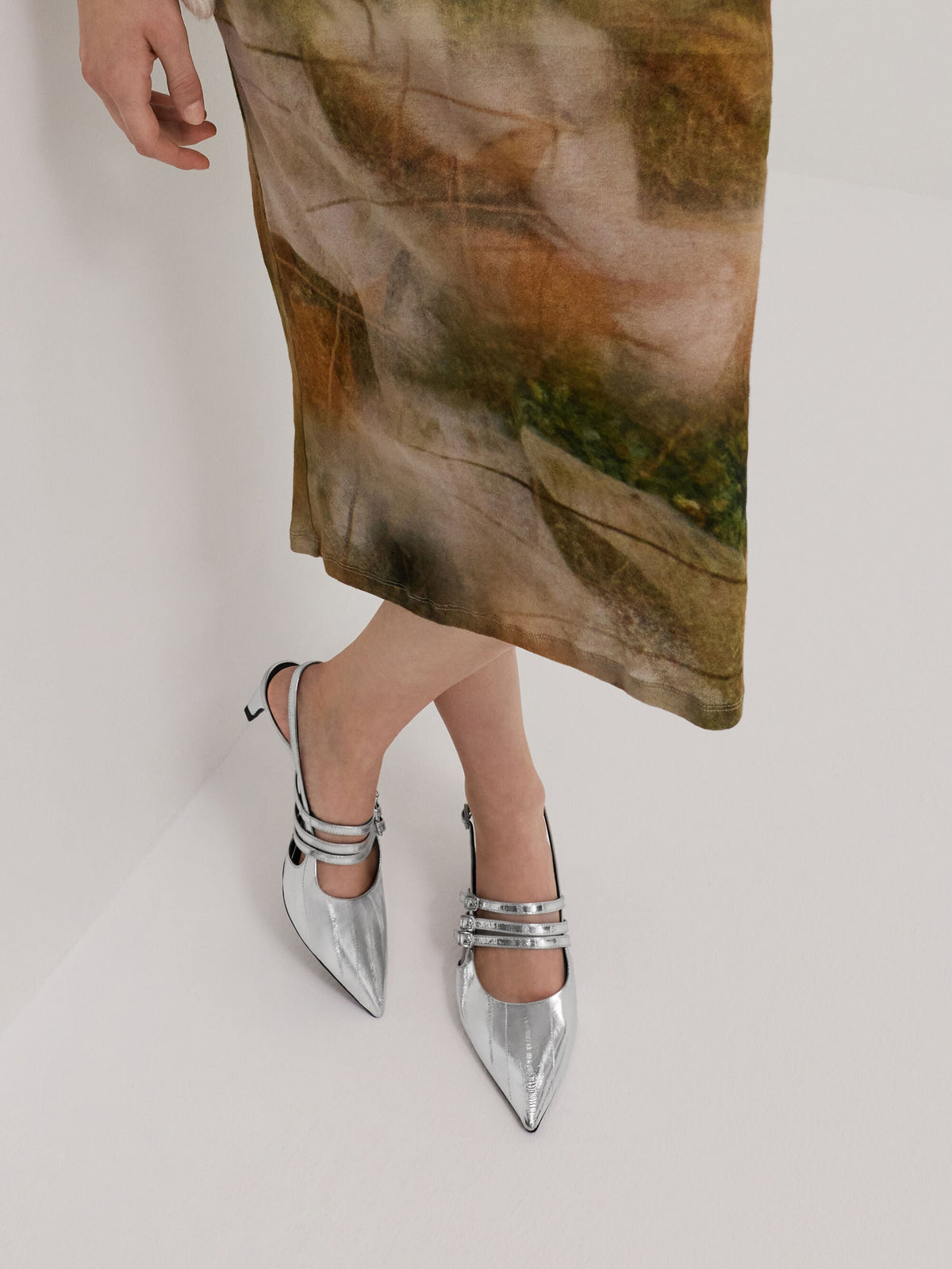 Metallic Triple-Strap Slingback Kitten Heels - Silver | CHARLES & KEITH