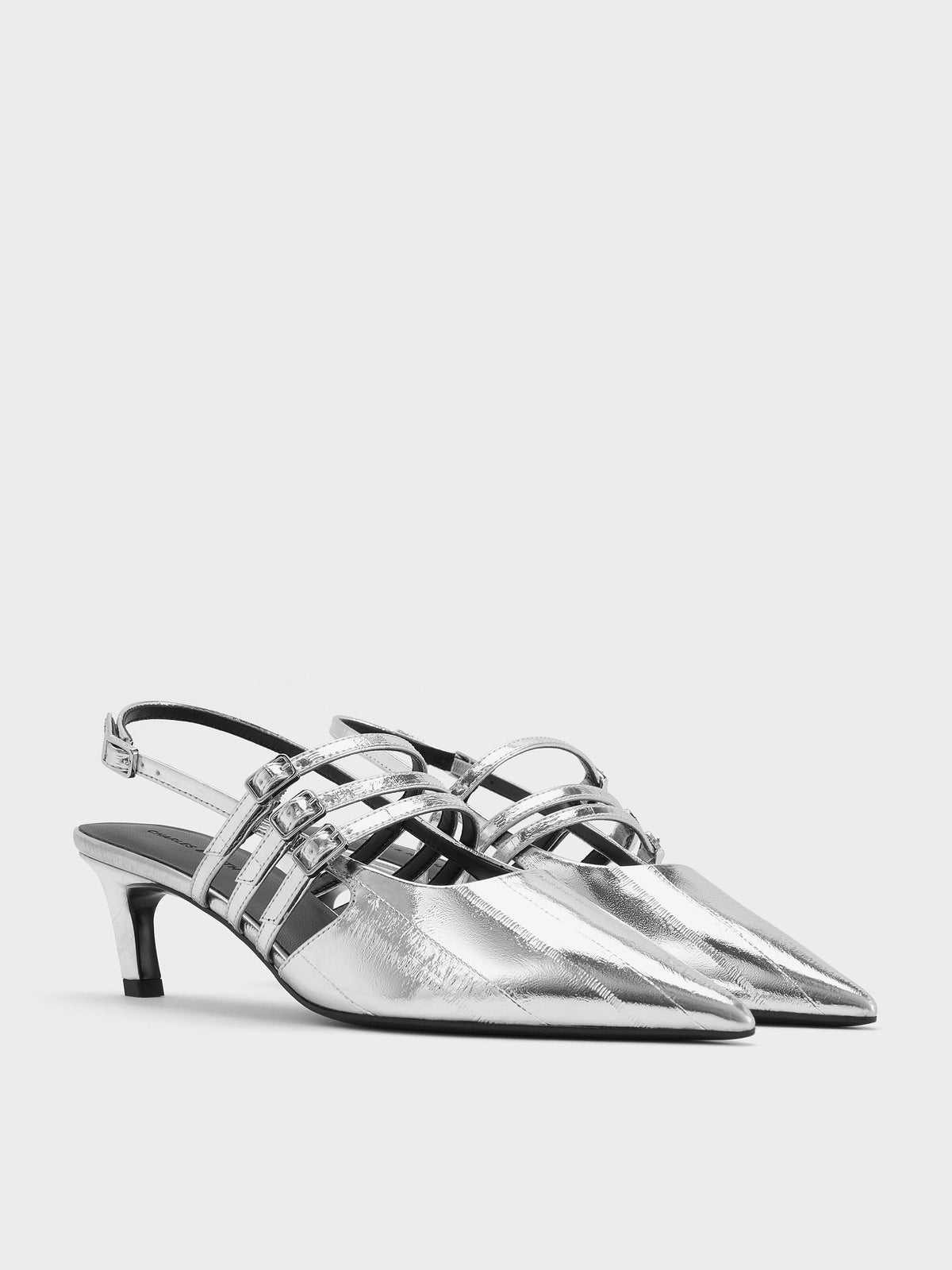 Metallic Triple-Strap Slingback Kitten Heels - Silver | CHARLES & KEITH
