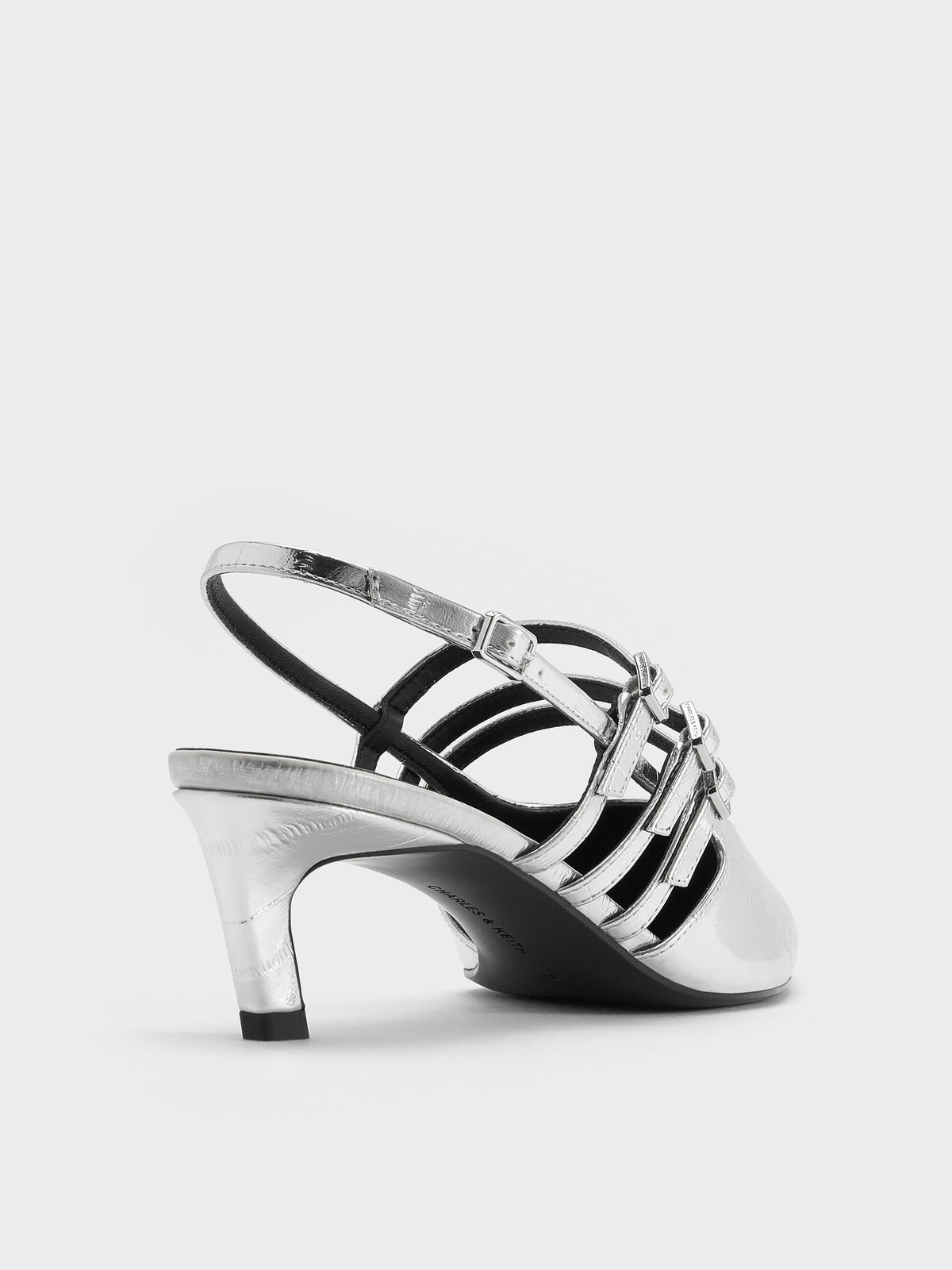 Metallic Triple-Strap Slingback Kitten Heels - Silver | CHARLES & KEITH