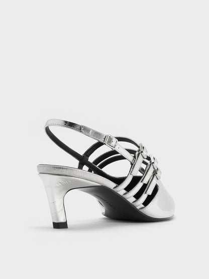 Metallic Triple-Strap Slingback Kitten Heels - Silver | CHARLES & KEITH