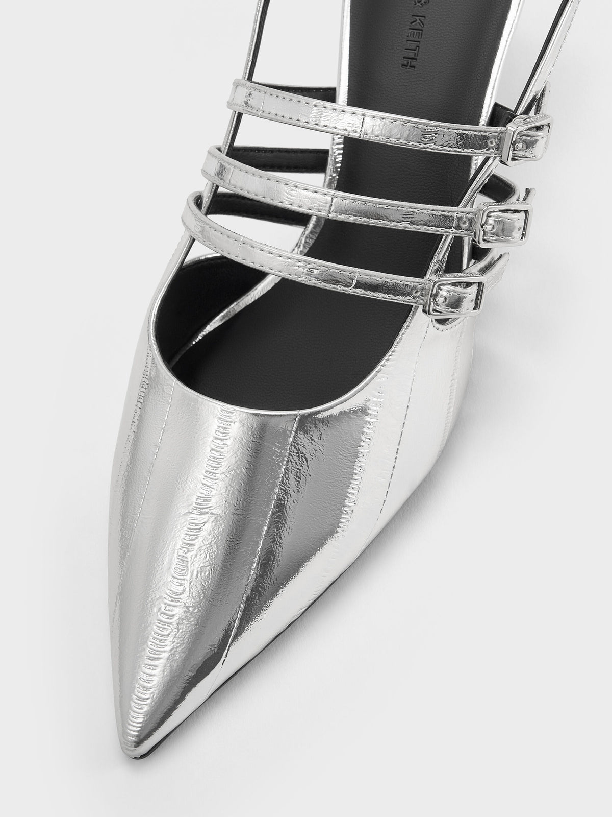 Metallic Triple-Strap Slingback Kitten Heels - Silver | CHARLES & KEITH